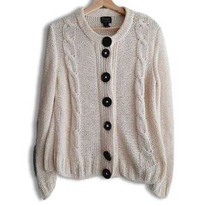 PURE HANDKNIT Chunky Knit Cardigan Sweater Cable Ivory Sz M /L